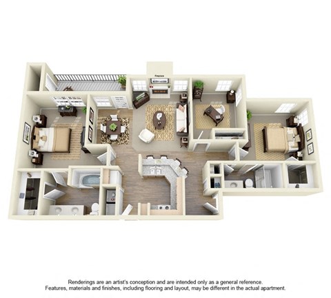 Floor plan for 3 beds, 2 baths, 1254 sqft